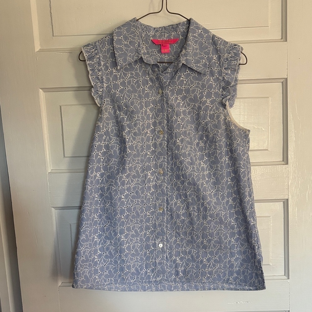 Lilly Pulitzer Blue and White Striped Eyelet Top